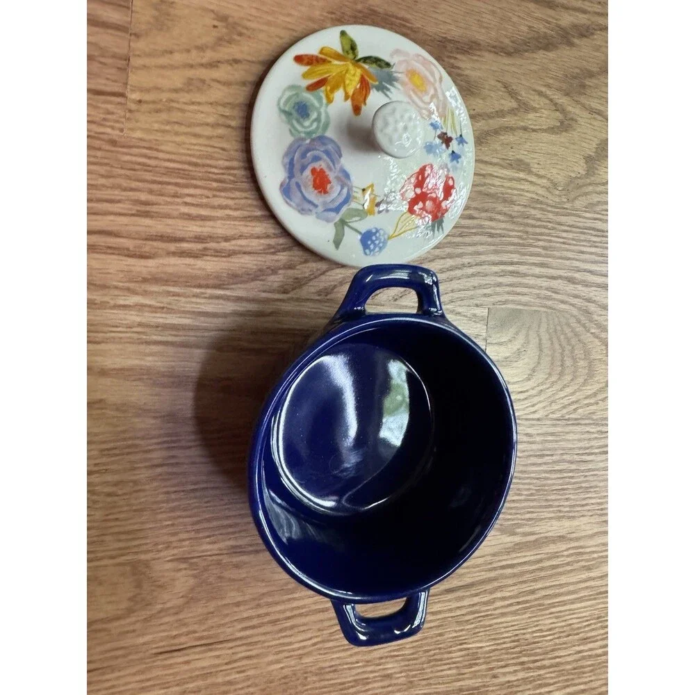 Pioneer Woman Celia Mini Casserole Individual‎ Crock Ceramic Floral Blue & White
